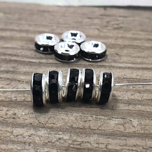 Jet Black Czech Crystal Rhinestone Silver Rondelle Spacer Beads, 100pcs 4mm 5mm 6mm 8mm 10mm, beadig jewelry making,Craft Supplies, Findings 