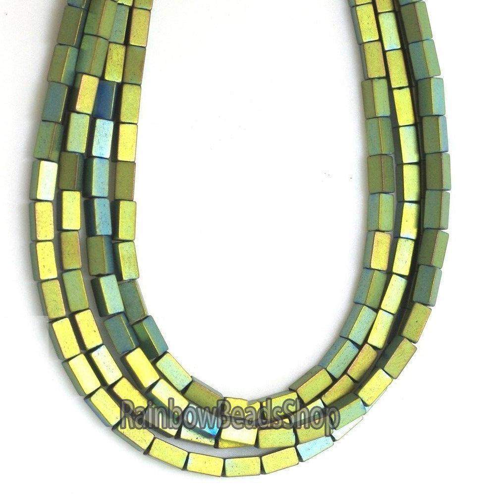 Matte green hematite rectangle bead 2x4mm,  16'' inch. strand 