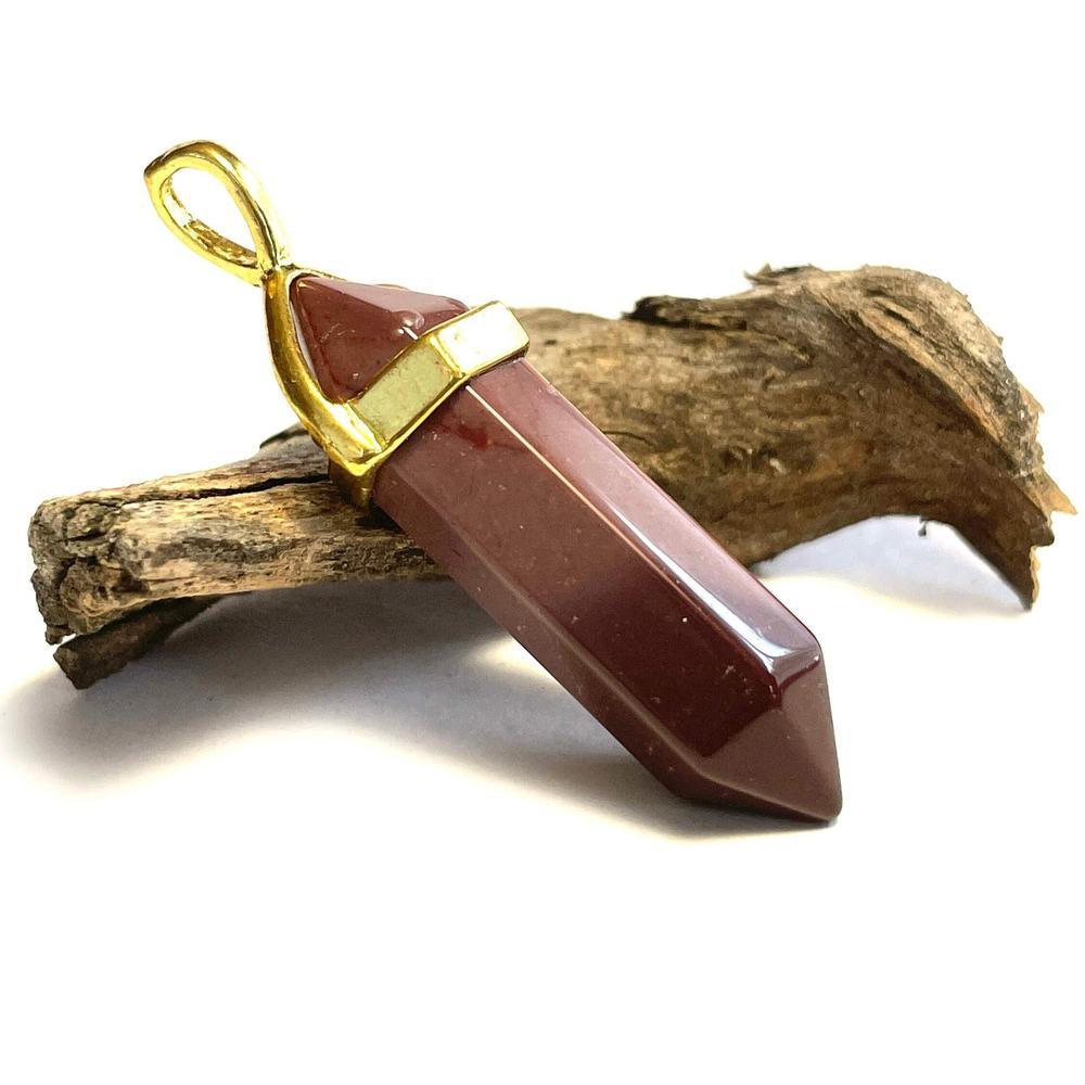 Mukaite Jasper Hexagonal Pointed Gemstone Pendant, Gold Plated Brass, Crystal Healing Pendant, Boho Hippie Crystal 