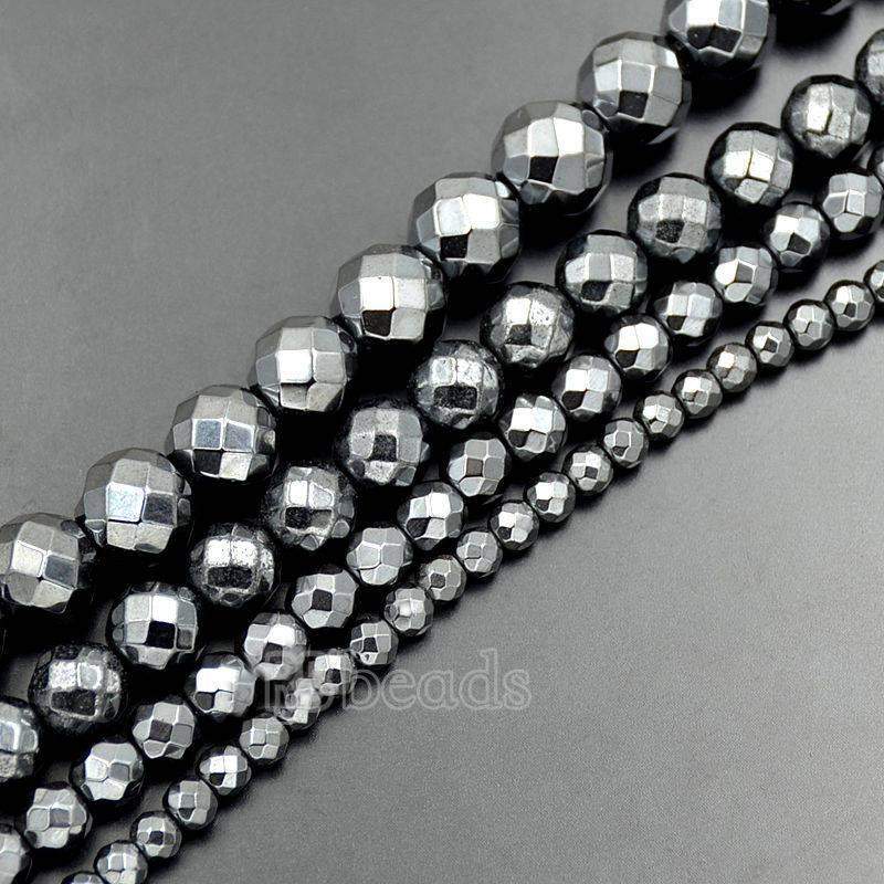 Natural Black Faceted Hematite Beads, Round, 2-10mm 15.5 inch strand 