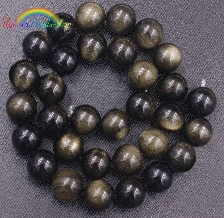 Natural Black Golden Obsidian beads, Round Gemstone, 4-18mm, 15.5''' strand 