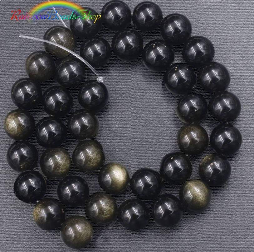 Natural Black Golden Obsidian beads, Round Gemstone, 4-18mm, 15.5''' strand 