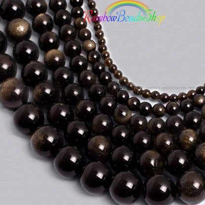 Natural Black Golden Obsidian beads, Round Gemstone, 4-18mm, 15.5''' strand 