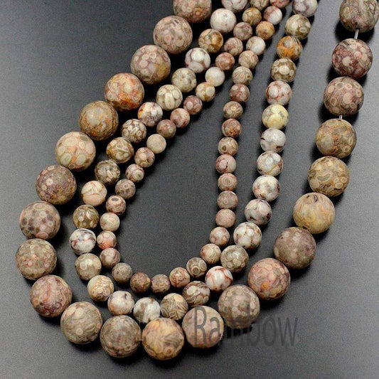 Natural Brown Fossil Coral Beads, Round, 15.5'' Full Strand 