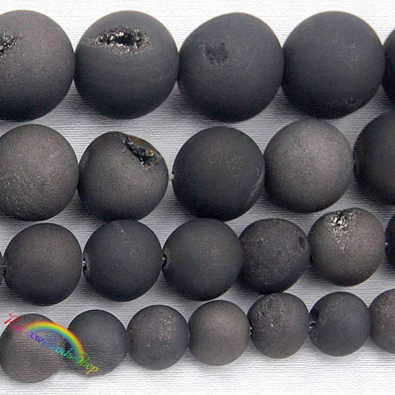Natural Dark Grey Druzy Agate Beads, Round, 8-14mm, 15.5'' inch strand 