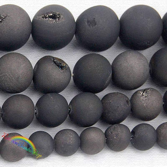 Natural Dark Grey Druzy Agate Beads, Round, 8-14mm, 15.5'' inch strand 