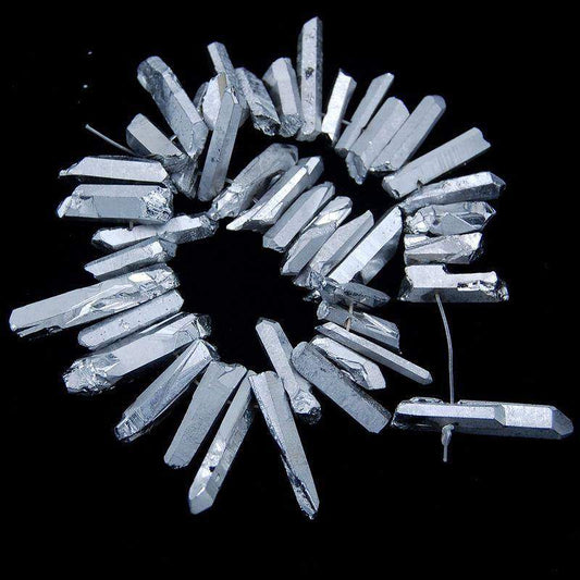Natural Druzy Quartz Metallic Silver Titanium Coated Stick, 15.5 strand 