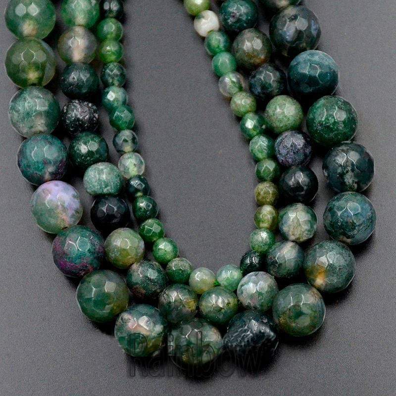Natural Faceted Round Moss Agate beads, 4-12mm, 15.5'' inch strand 