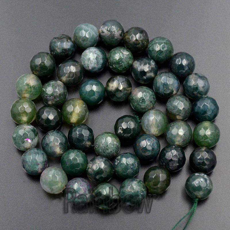 Natural Faceted Round Moss Agate beads, 4-12mm, 15.5'' inch strand 