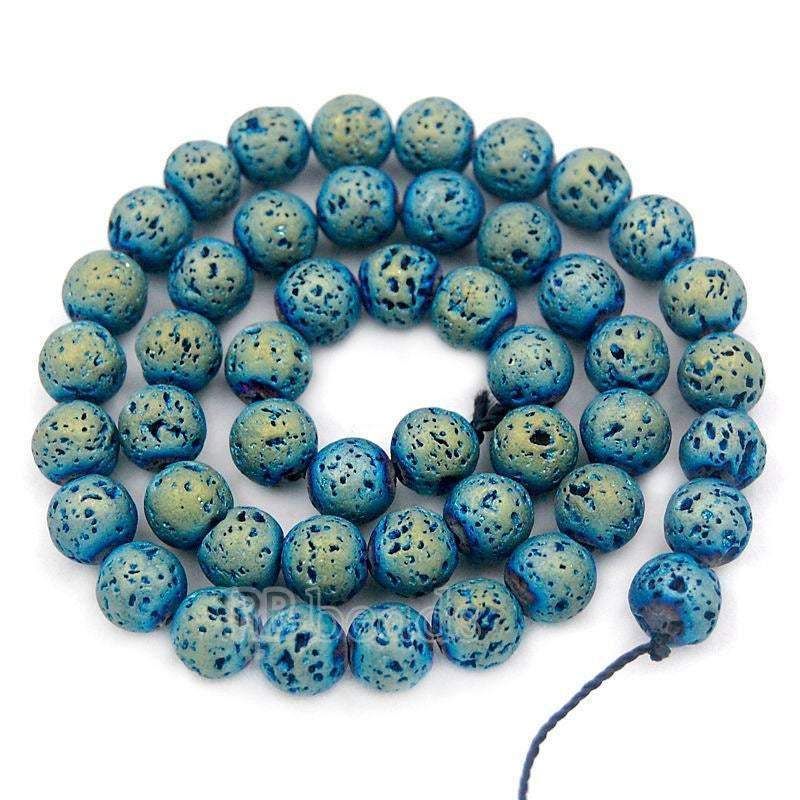 Natural Green Volcanic Lava Beads Titanium Coated, 4-12mm Stone Round Jewelry Gemstone, 15.5'' strand 