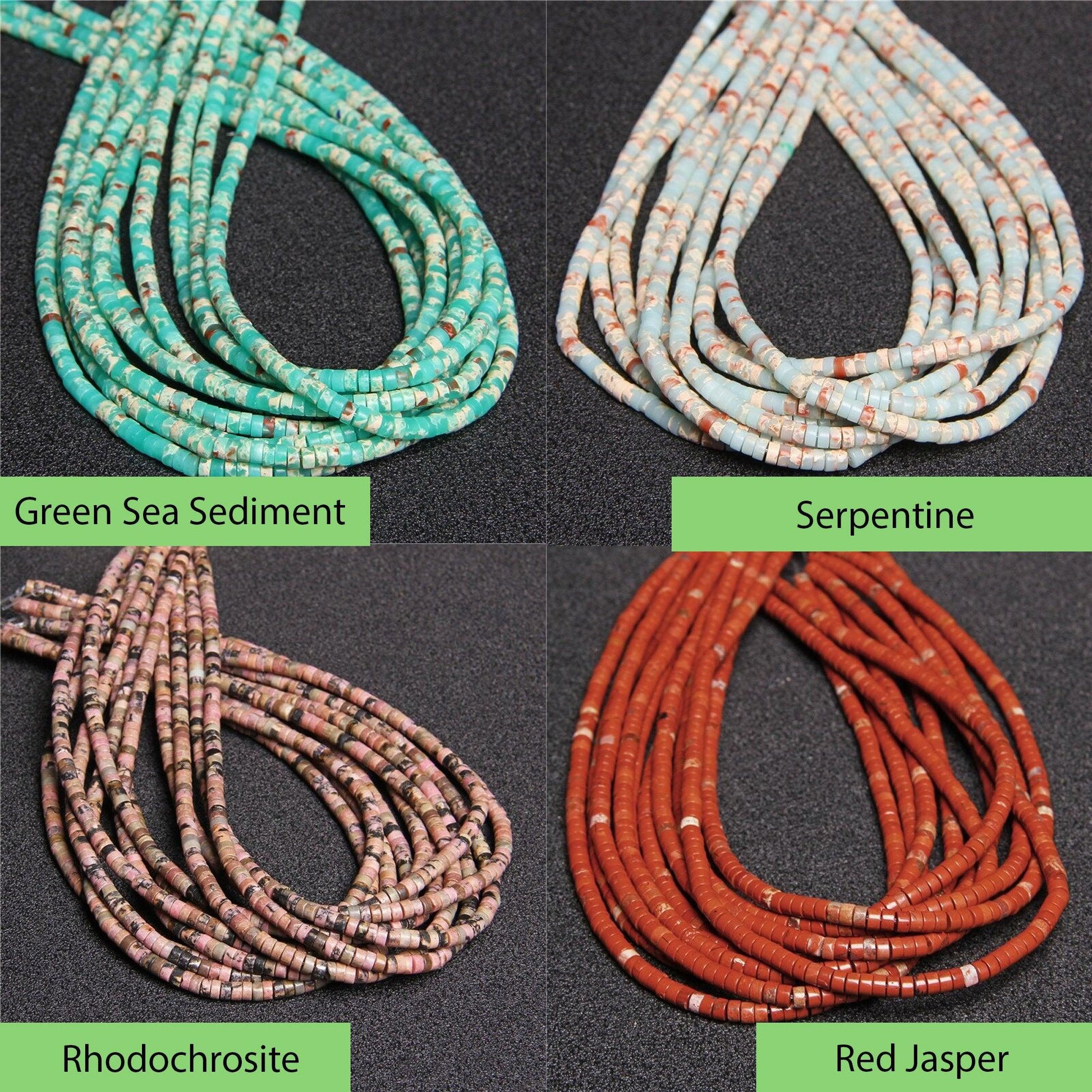 Natural heishi gemstone beads, 4mm disc tyre stone turquoise jasper, semiprecious stones on strand 