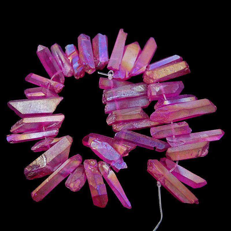 Natural Magenta AB Druzy Quartz spike Titanium Coated Stick beads, 15.5 strand 