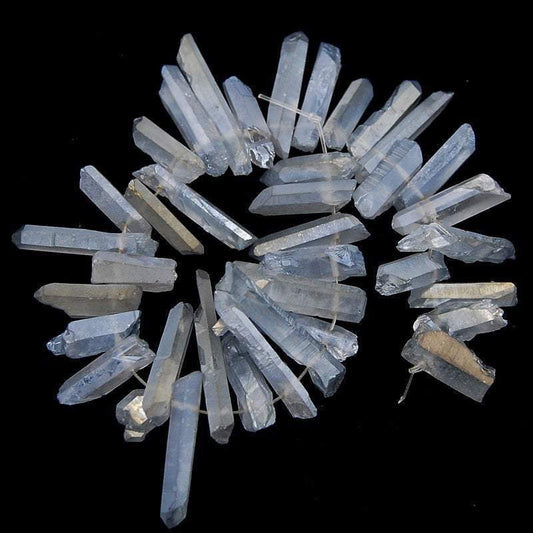 Natural Metallic Gray Titanium Coated Druzy Quartz Stick, 15.5 strand 