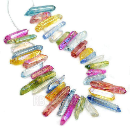 Natural polished Mix Druzy Quartz spike Titanium Coated Stick beads, 15.5 str 