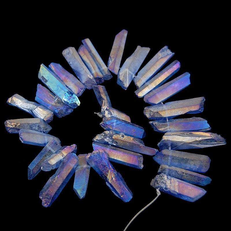 Natural Rainbow AB Druzy Quartz spike Titanium Coated Stick beads, 15.5 str 