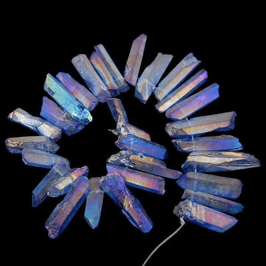 Natural Rainbow AB Druzy Quartz spike Titanium Coated Stick beads, 15.5 str 