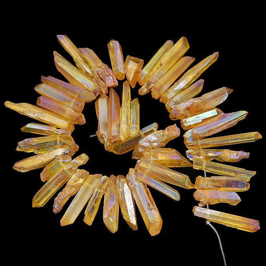 Natural Titanium Coated Yellow AB Druzy Quartz spike Stick beads, 15.5 str 