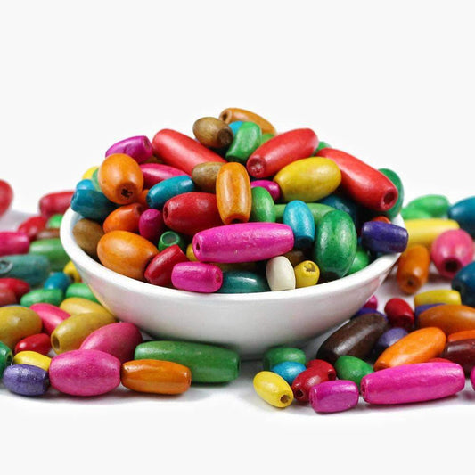 Oval Tube DIY Wood Beads, Mixed Colored Natural Wood (300pcs) 23*8/10*6/8*5/6*4mm 