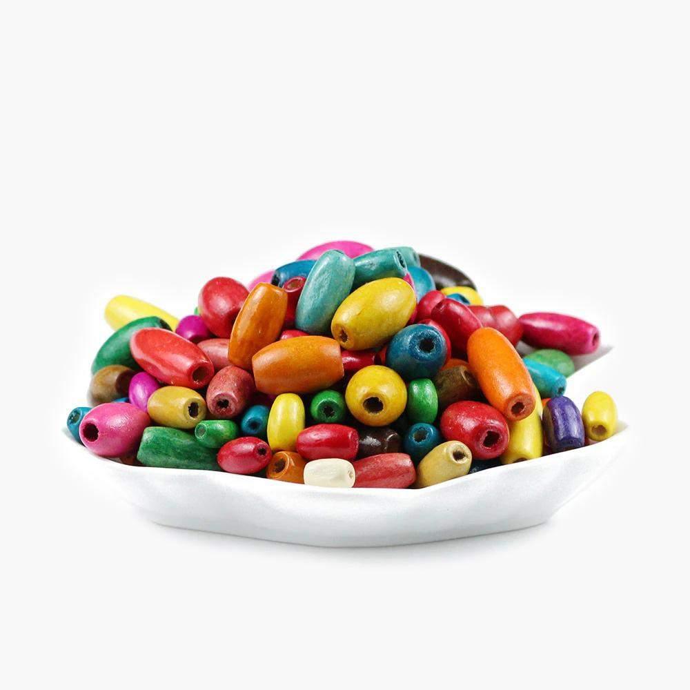 Oval Tube DIY Wood Beads, Mixed Colored Natural Wood (300pcs) 23*8/10*6/8*5/6*4mm 