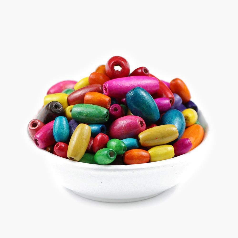 Oval Tube DIY Wood Beads, Mixed Colored Natural Wood (300pcs) 23*8/10*6/8*5/6*4mm 