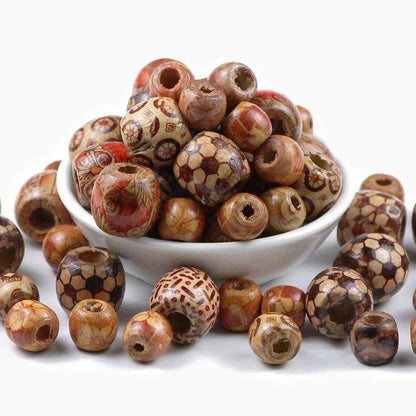 Painted Wooden Round Vintage Beads, Big Hole Fit Charm European DIY 9*10/16*17mm 100pcs 