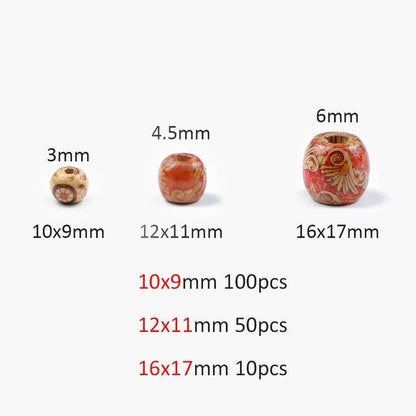 Painted Wooden Round Vintage Beads, Big Hole Fit Charm European DIY 9*10/16*17mm 100pcs 