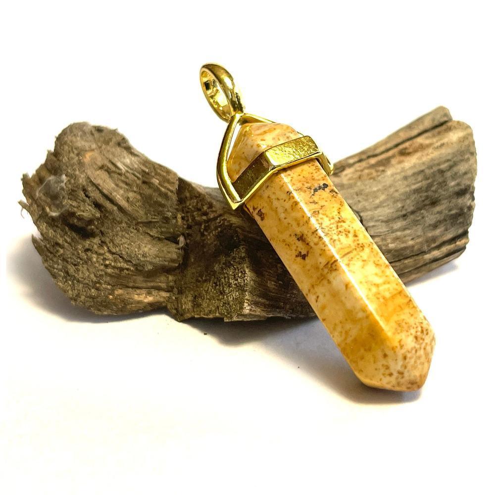 Picture Jasper Hexagonal Pointed Gemstone Pendant, Gold Plated Brass, Crystal Healing Pendant, Boho Hippie Crystal 