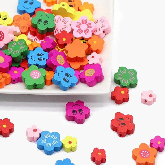 Plum Blossom Flower Wood Beads, Mixed Color Loose Beads 12/15/20mm 