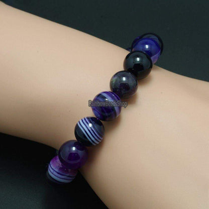 Bracelet extensible en agate à rayures violettes, 6-12 mm 