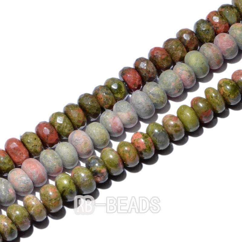 Rondelle Salmon Moss Unakite Jasper Beads, Smooth Matte and Faceted 
