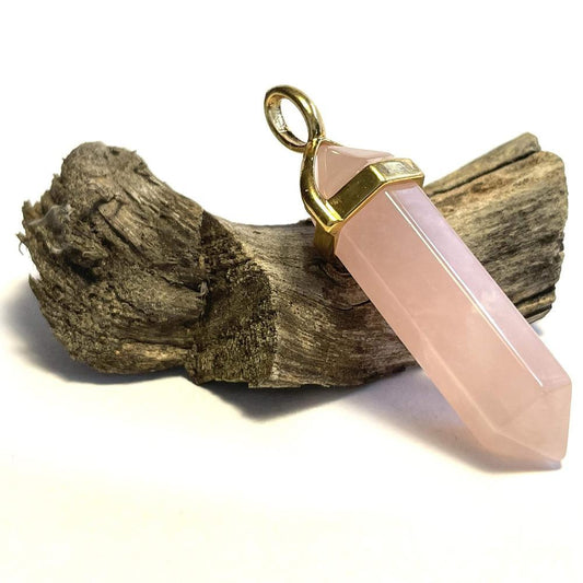 Rose Quartz Hexagonal Pointed Gemstone Pendant, Gold Plated Brass, Crystal Healing Pendant, Boho Hippie Crystal 