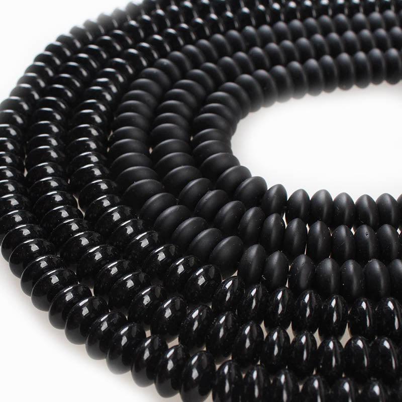 Semiprecious Rondelle Disk Black Agate Beads, Smooth Matte and Faceted 