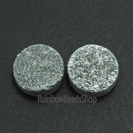 Silver Druzy Quartz Agate Flat Back Connector Cabochon, 2Pcs, 6-20mm 
