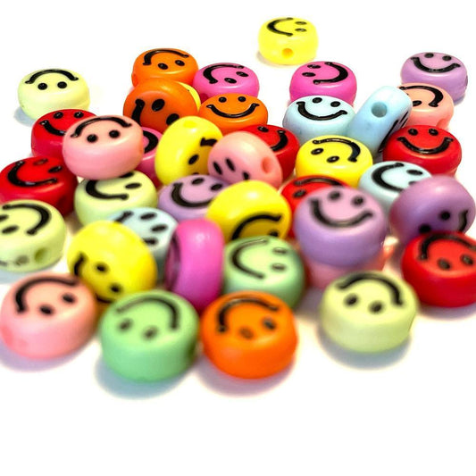 Smiley Face Round Flat Beads, 7mm Emoji Beads, Happy Face Beads, Plastic Round Beads, 100 pcs Red, Yellow, Blue, Green, Pink 