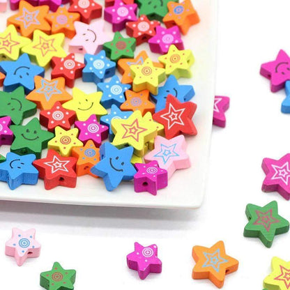 Star Wood beads, Pentagram Five-pointed Mixed Color Wooden Loose Beads 15/20mm 