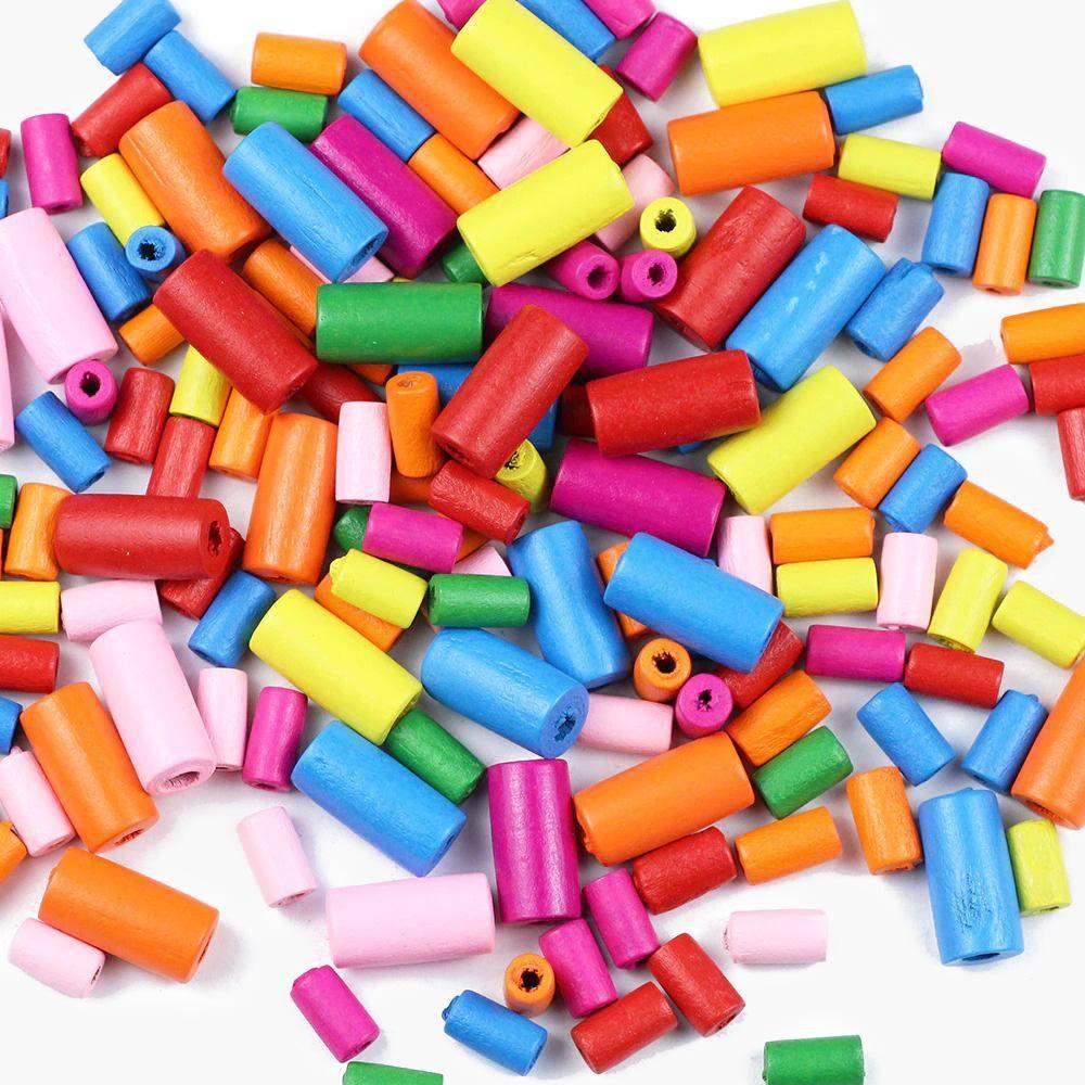 Tube cylinder Wooden Beads, Mixed Colored Natural Wood Beads 12*6/20*10mm 100pcs 