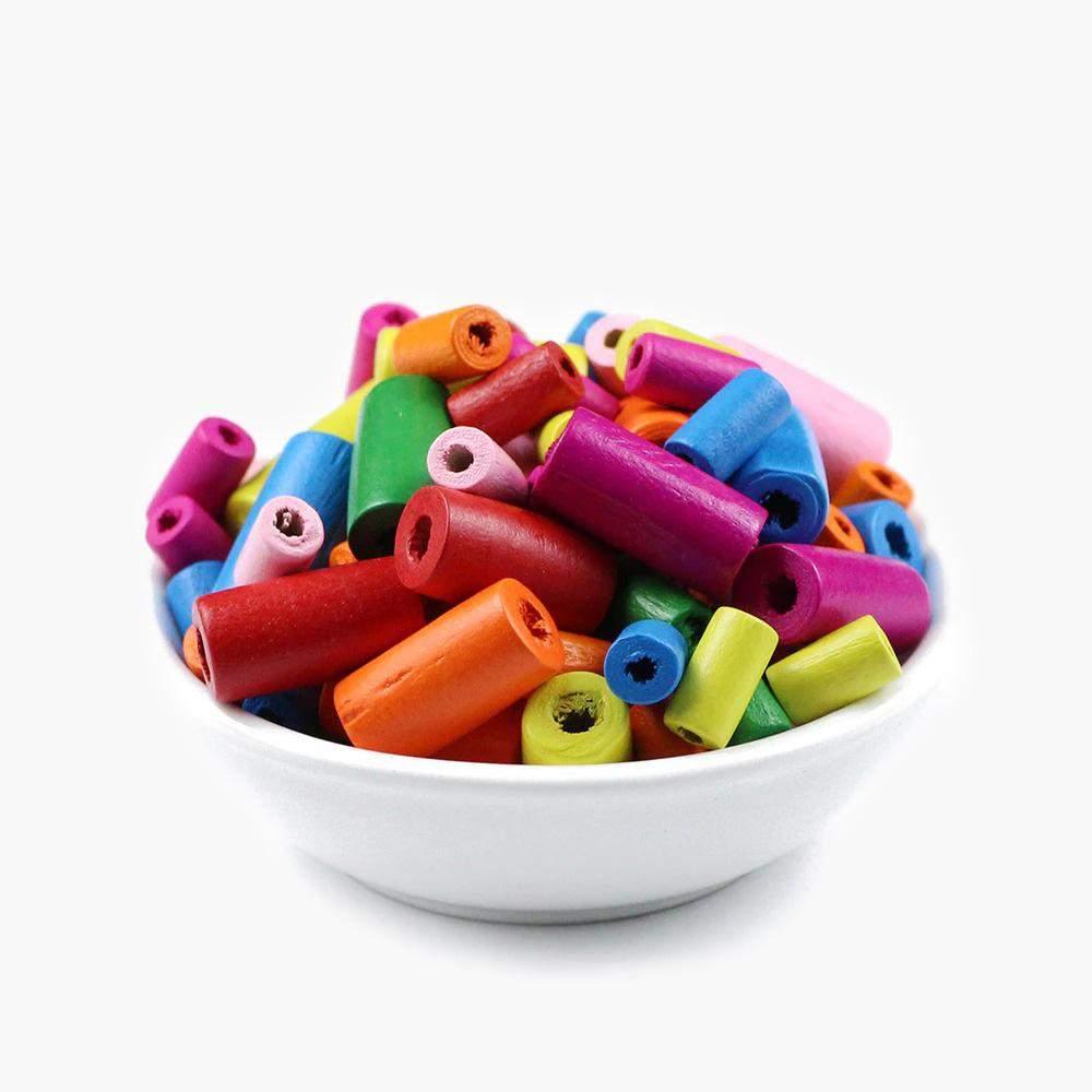 Tube cylinder Wooden Beads, Mixed Colored Natural Wood Beads 12*6/20*10mm 100pcs 