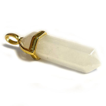 White Jade Hexagonal Pointed Gemstone Pendant, Gold Plated Brass, Crystal Healing Pendant, Boho Hippie Crystal 