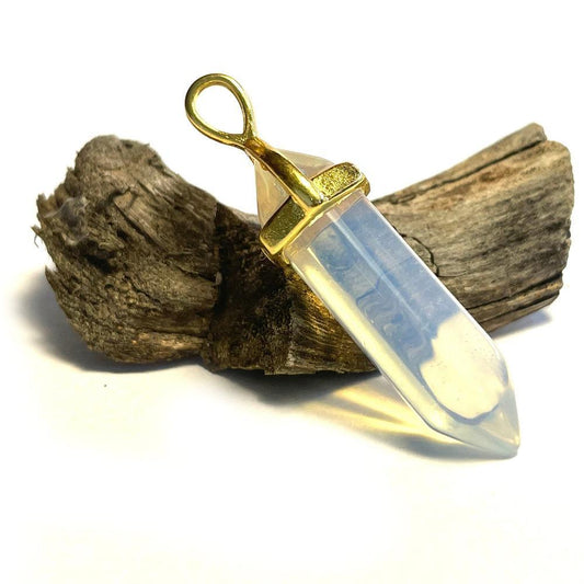 White Opalite Hexagonal Pointed Gemstone Pendant, Gold Plated Brass, Crystal Healing Pendant, Boho Hippie Crystal 